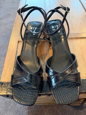 Mix No. 6 Black Croc-Embossed Strappy Heel Sandals